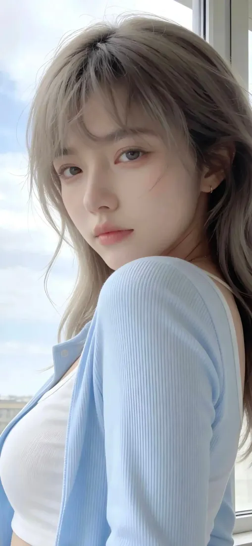 浅灰发美女手机壁纸｜蓝色针织衫背景 - 窗边天空「哲风壁纸」