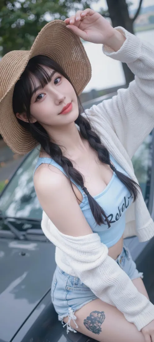 草帽美女手机壁纸｜汽车背景图 - 夏日清新穿搭「哲风壁纸」