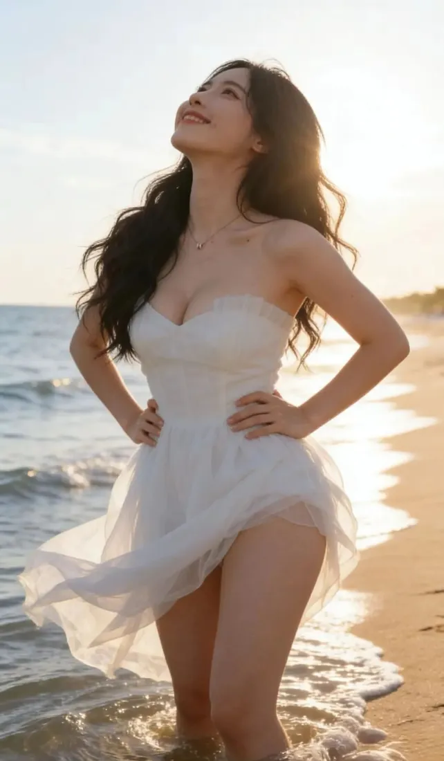 白衣美女手机壁纸｜海边背景图 - 夕阳沙滩海浪「哲风壁纸」