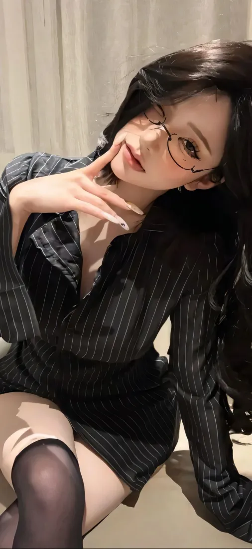 美女手机壁纸｜室内背景图片 - 黑丝条纹裙眼镜「哲风壁纸」