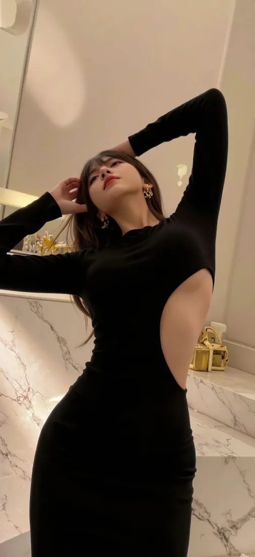 黑衣美女手机壁纸｜浴室背景图片 - 黑色镂空长裙「哲风壁纸」