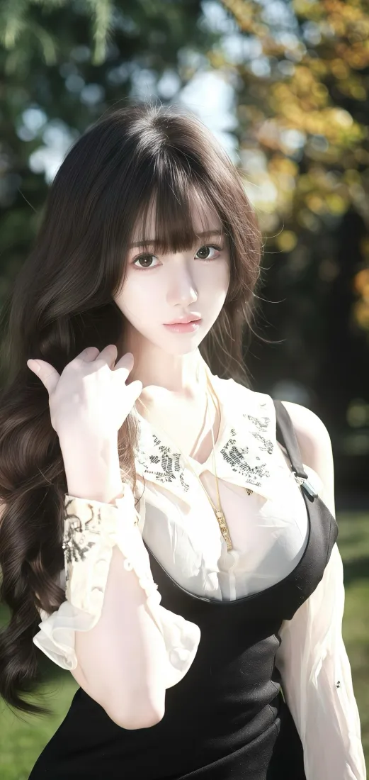 长发美女手机壁纸｜自然背景图片 - 黑色连衣裙「哲风壁纸」