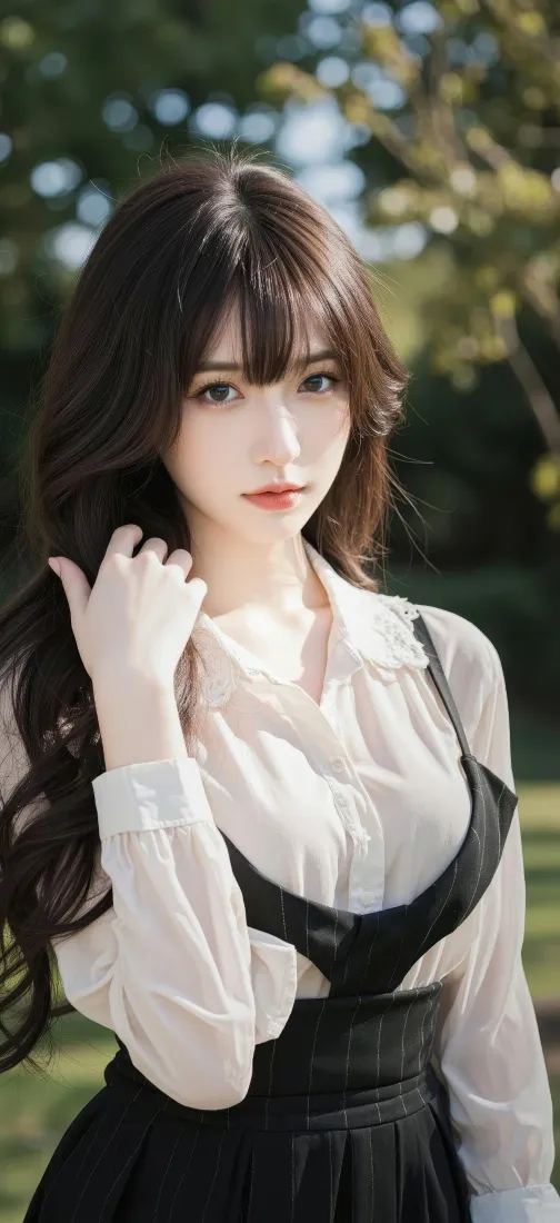 二次元美女手机壁纸｜户外背景图片 - 白衬衫黑裙「哲风壁纸」