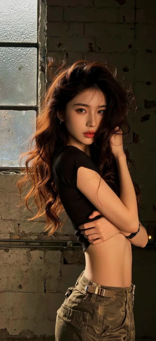 卷发美女手机壁纸｜复古砖墙背景 - Ios「哲风壁纸」