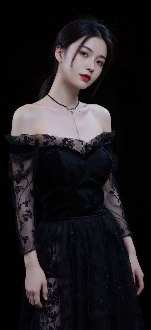 黑衣美女手机壁纸｜黑色蕾丝裙背景图片 - 红唇项链「哲风壁纸」
