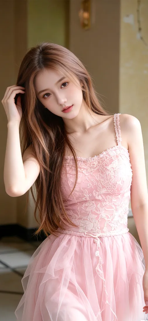 粉色连衣裙美女手机壁纸｜室内背景 - 温柔优雅「哲风壁纸」