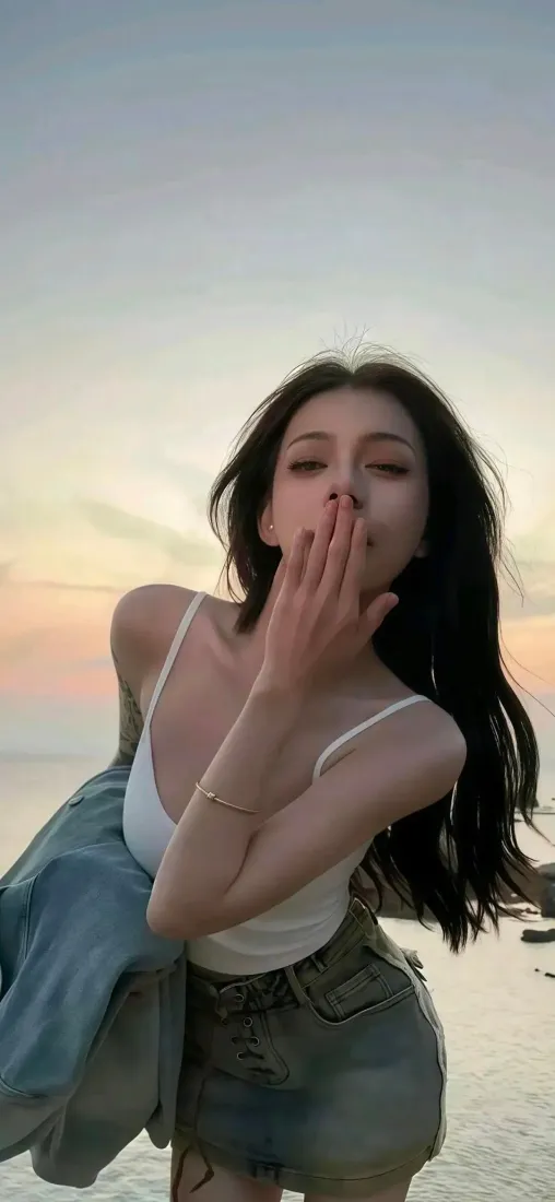 海边美女手机壁纸｜日落背景图片 - 休闲穿搭「哲风壁纸」