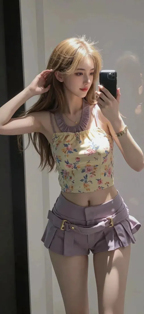 美女自拍手机壁纸｜碎花吊带背景 - 紫色短裙「哲风壁纸」