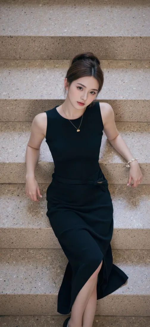 黑衣美女手机壁纸｜楼梯背景图片 - 时尚穿搭「哲风壁纸」