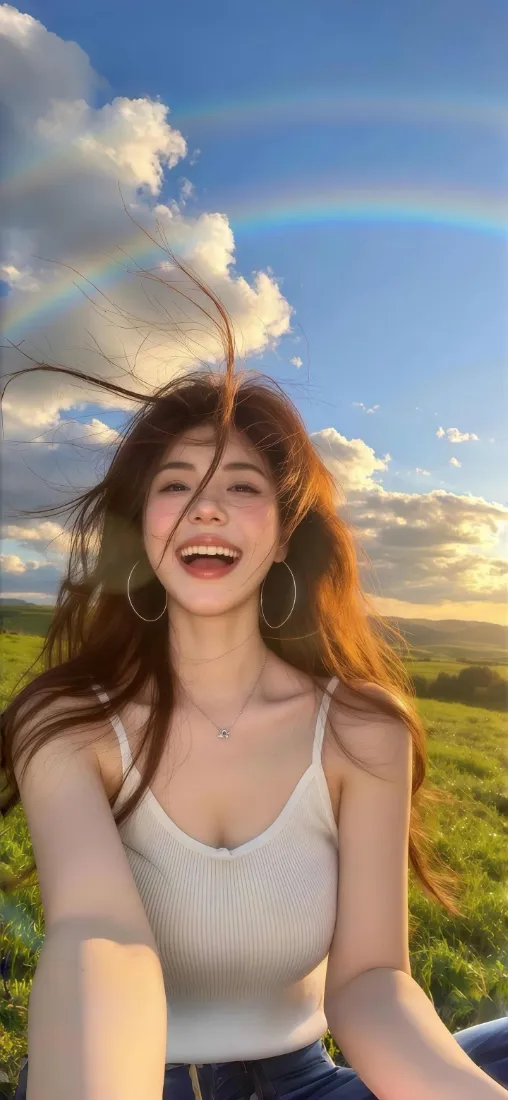 白衣美女手机壁纸｜自然风景背景 - 彩虹草地蓝天「哲风壁纸」