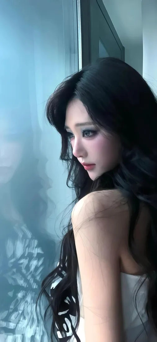 长发美女手机壁纸｜室内偏蓝背景图片 - 白衣卷发美女「哲风壁纸」