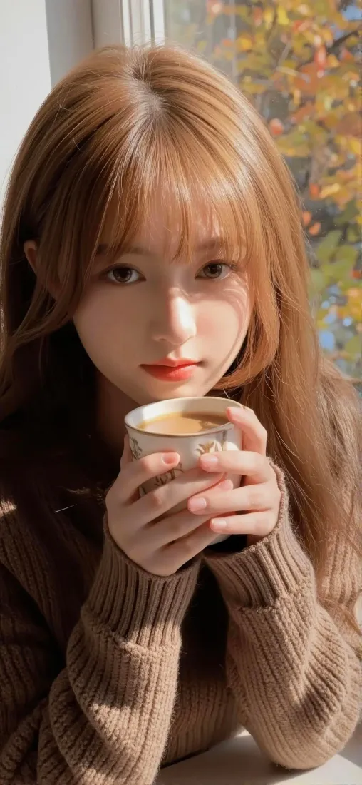 棕毛衣美女手机壁纸｜秋日暖光背景 - 咖啡「哲风壁纸」