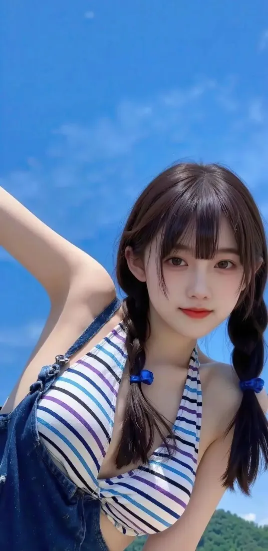 双马尾美女手机壁纸｜蓝天背景图片 - 夏日海边活力「哲风壁纸」