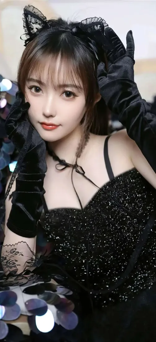 黑衣美女手机壁纸｜亮片背景图片 - 猫耳「哲风壁纸」