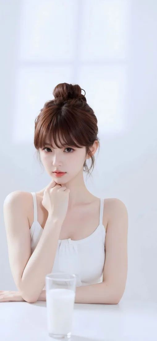 白衣女生手机壁纸｜室内背景图 - 丸子头牛奶杯「哲风壁纸」