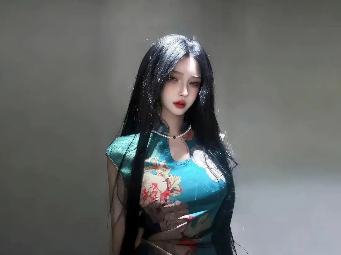 2k旗袍美女壁纸｜灰色背景图 - 绿色旗袍「哲风壁纸」