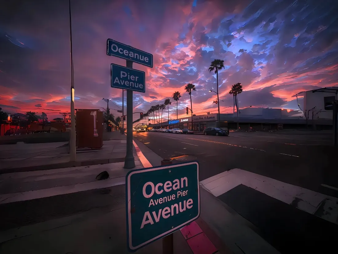2kOcean Avenue路牌壁纸｜黄昏街景背景图片 - 城市「哲风壁纸」