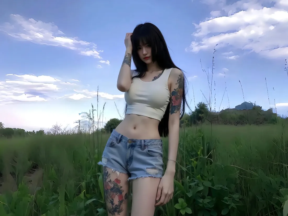 2k纹身美女壁纸｜草地蓝天背景 - 牛仔短裤穿搭「哲风壁纸」