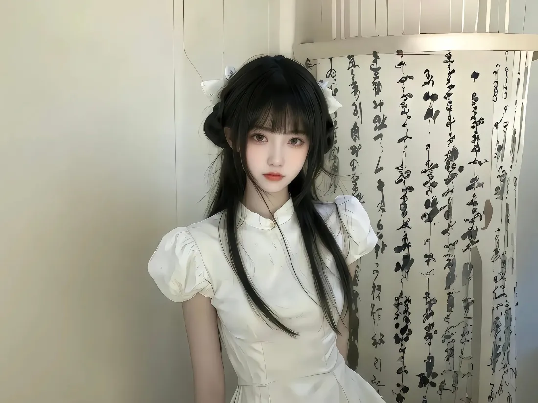 2k国风少女壁纸｜书法背景图片 - 白色旗袍裙「哲风壁纸」