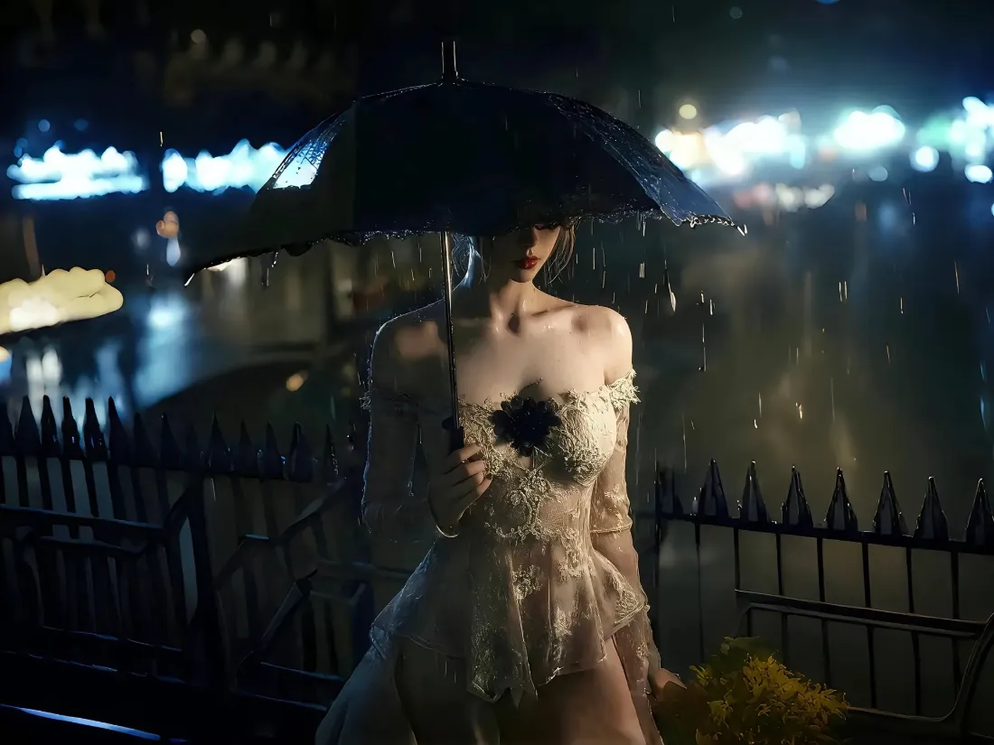 2k雨夜礼服女性壁纸｜雨夜街景背景图片 - 都市夜景「哲风壁纸」