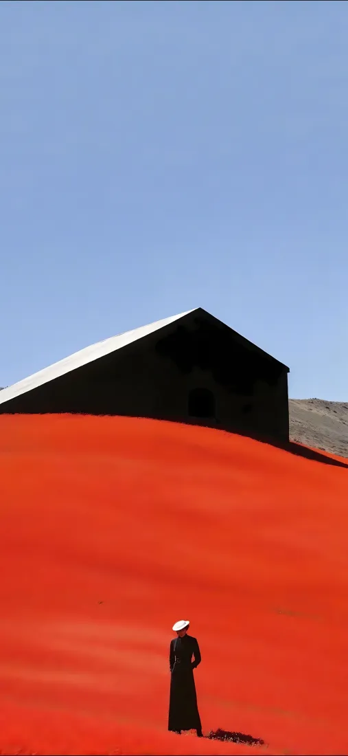 红花海手机壁纸｜简约背景图片 - 黑衣人物红草地「哲风壁纸」