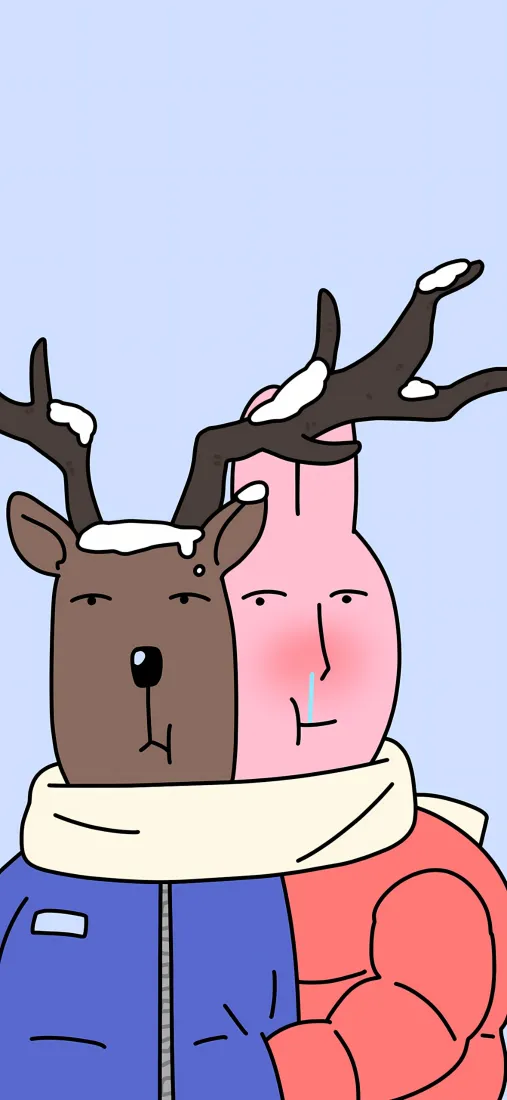 卡通鹿粉红兔手机壁纸｜浅蓝背景图片 - 冬季伙伴「哲风壁纸」