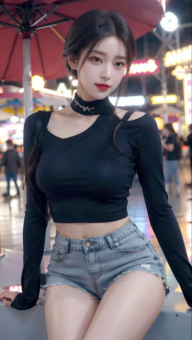 黑衣美女手机壁纸｜都市夜景背景图片 - 牛仔短裤「哲风壁纸」