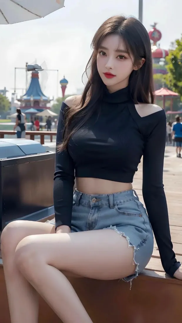 黑衣美女手机壁纸｜游乐场背景 - 牛仔短裤穿搭「哲风壁纸」