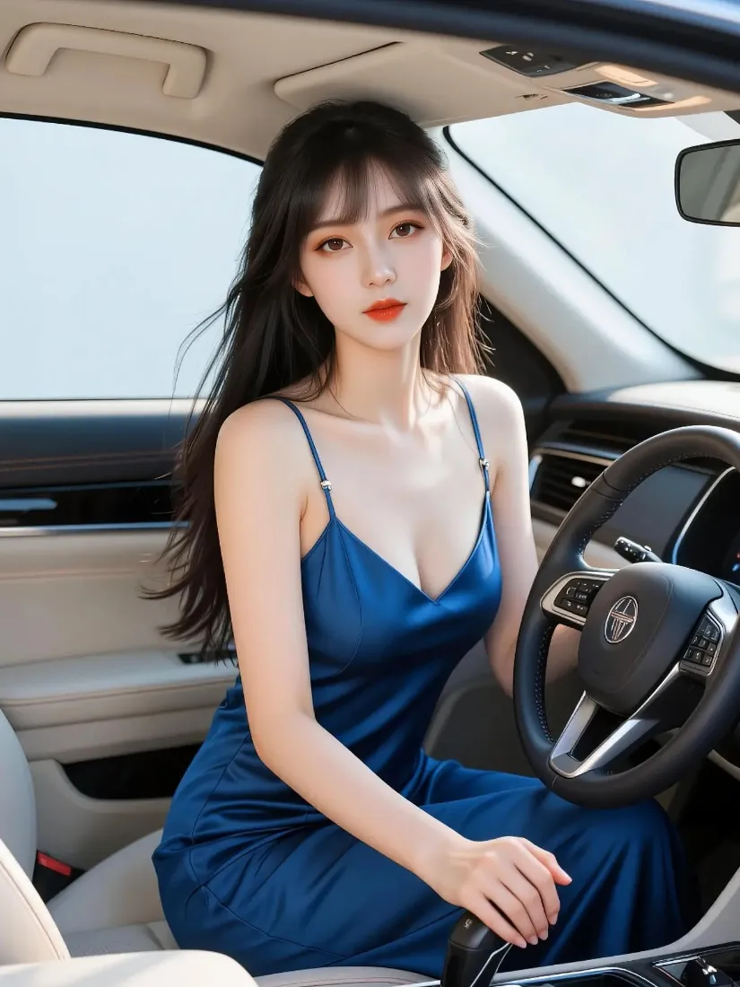 蓝色吊带裙美女手机壁纸｜车内背景图 - 气质女性「哲风壁纸」