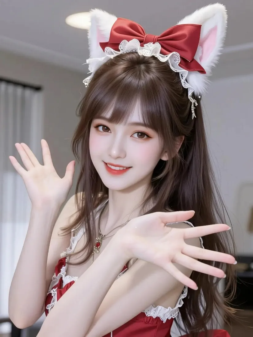 红衣美女手机壁纸｜猫耳发饰背景图片 - 甜美「哲风壁纸」