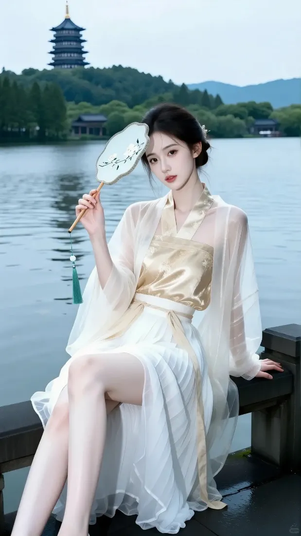 古风美女手机壁纸｜湖泊山水背景 - 汉服团扇「哲风壁纸」