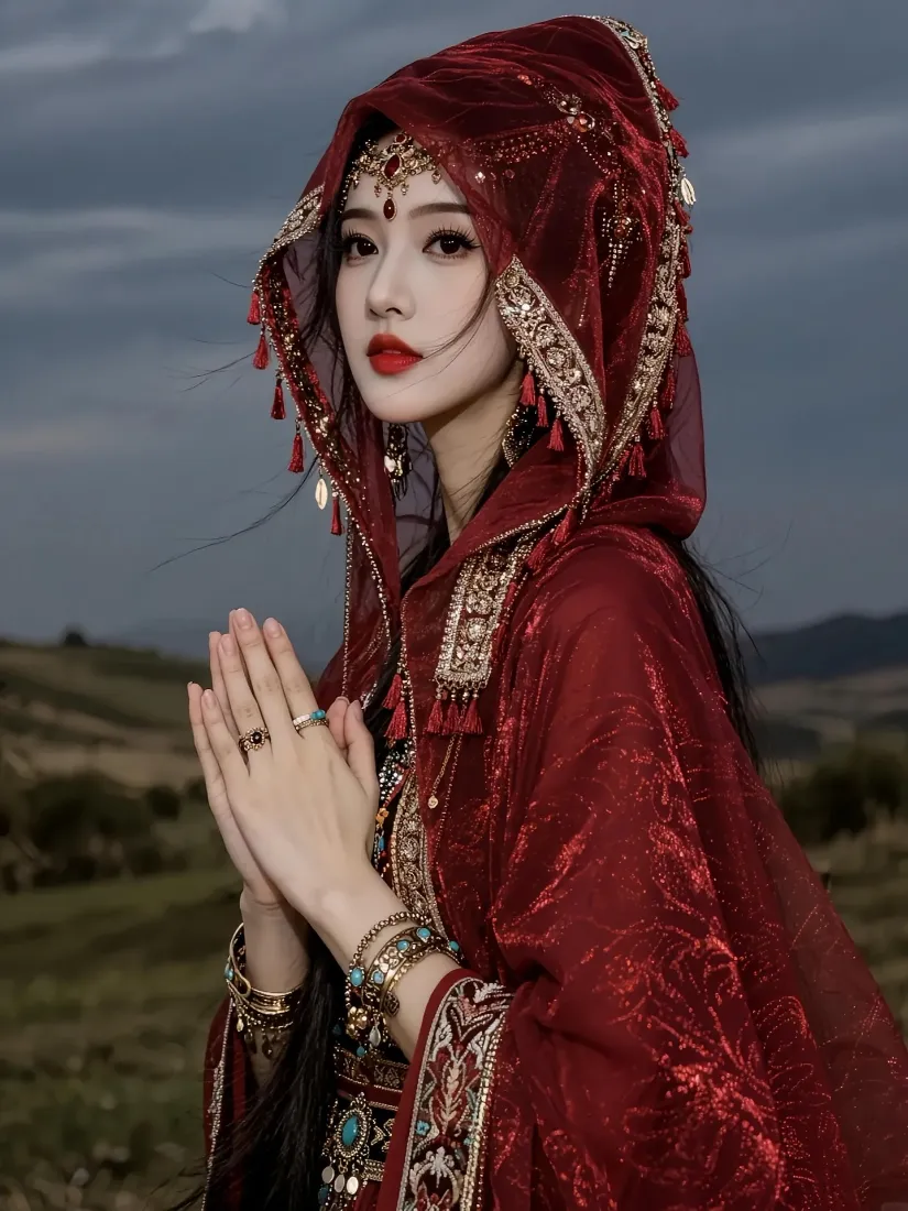 红衣民族风美女手机壁纸｜草原背景图片 - 异域风情「哲风壁纸」