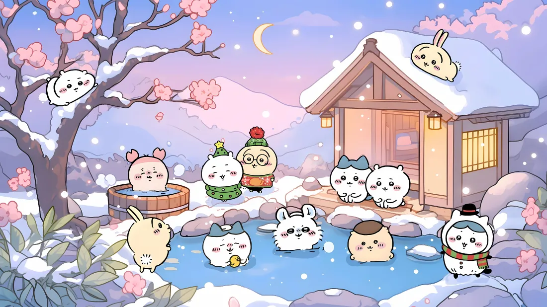 4kChiikawa壁纸｜雪景温泉背景图片 - 可爱治愈「哲风壁纸」