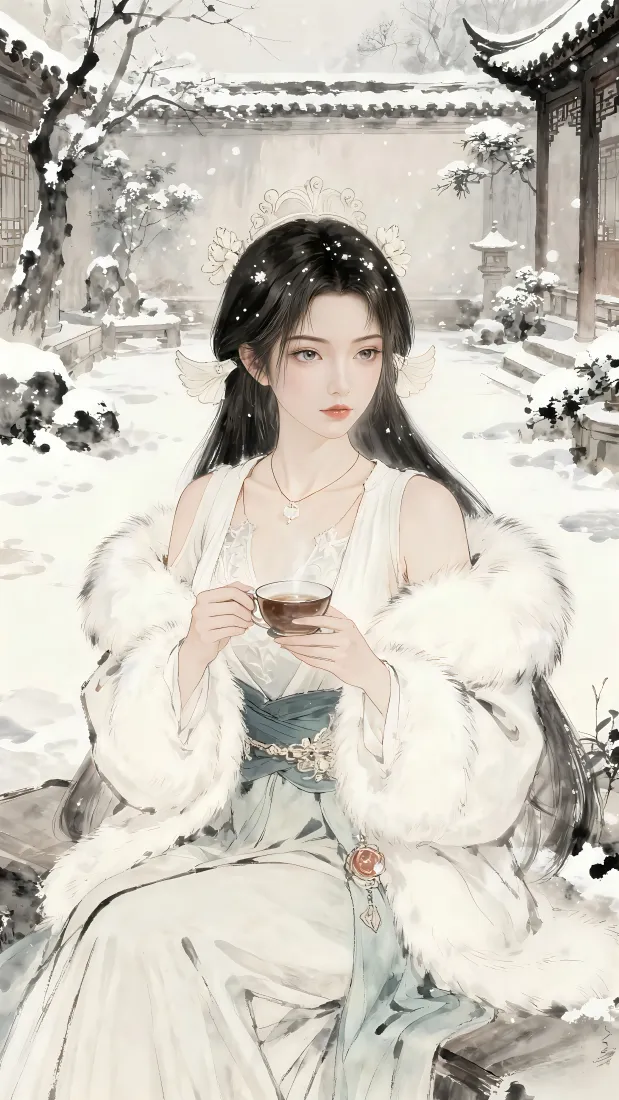 古风女子手机壁纸｜雪景庭院背景图片 - 竖屏「哲风壁纸」