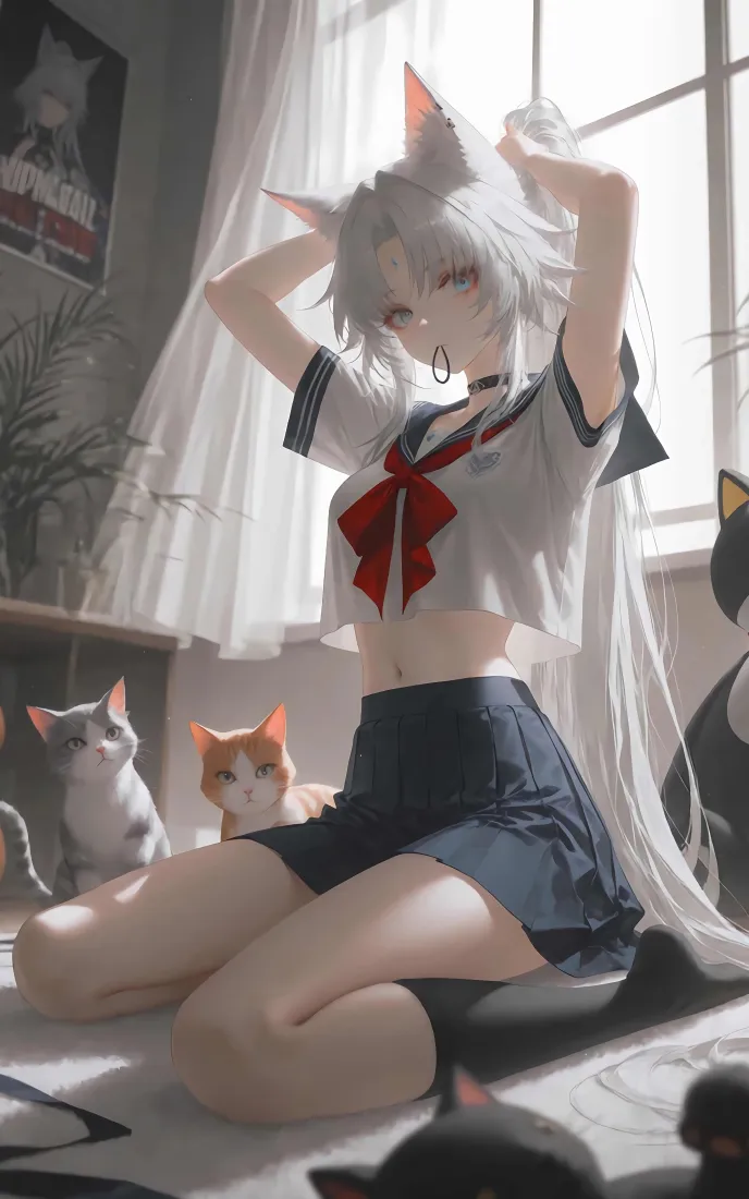 兽耳少女手机壁纸｜室内背景图 - 猫咪 水手服 白发「哲风壁纸」