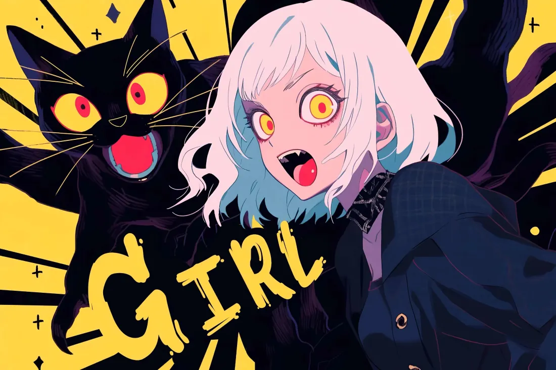 4k白发动漫女孩壁纸｜黄色背景图片 - 黑猫猫咪「哲风壁纸」