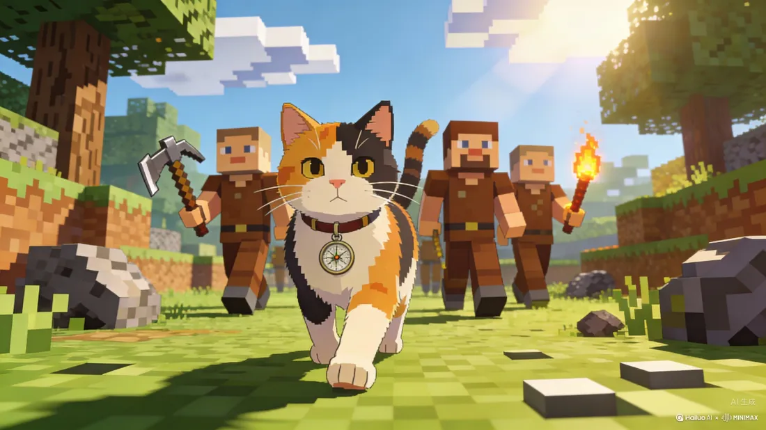 3k我的世界壁纸｜草地场景背景图片 - 史蒂夫与宠物猫「哲风壁纸」