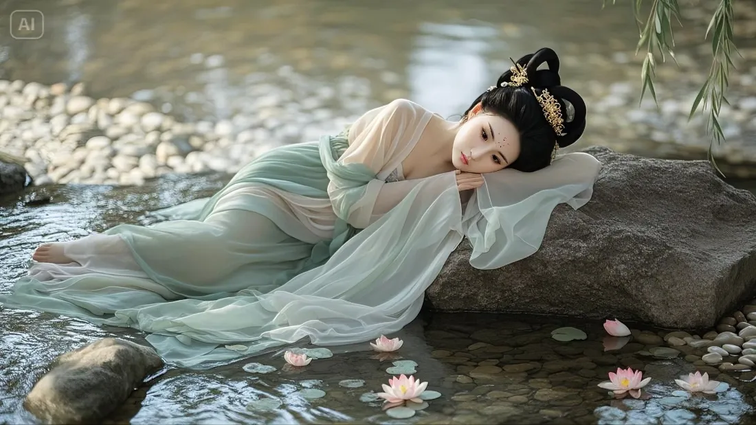 古典人物手机壁纸｜荷花背景图片 - 绿衣女子「哲风壁纸」