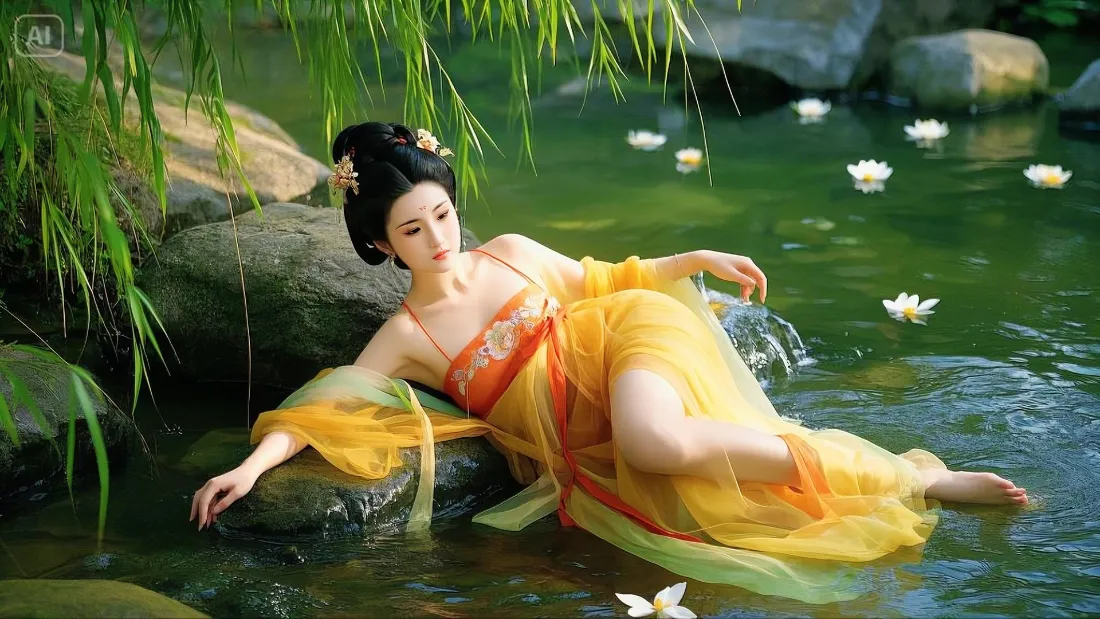 古典美女手机壁纸｜水边背景图片 - 黄色古装荷花「哲风壁纸」