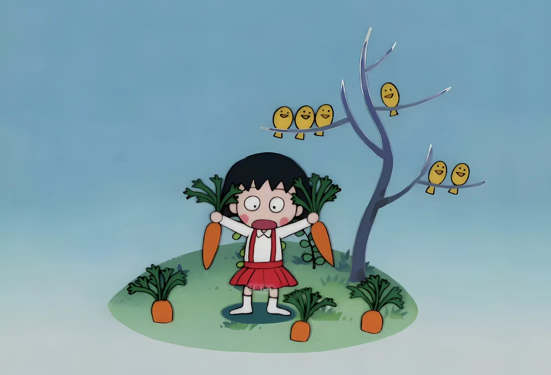 2k樱桃小丸子壁纸｜蓝色背景 - 拔萝卜胡萝卜小鸟「哲风壁纸」