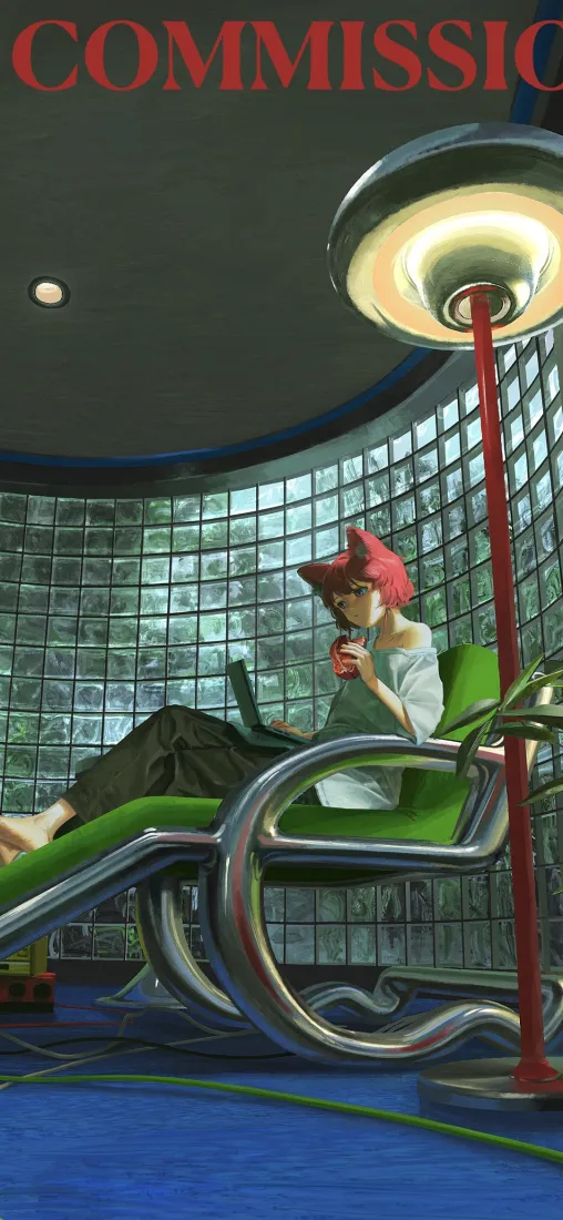 猫耳少女手机壁纸｜室内背景图片 - 绿色躺椅「哲风壁纸」