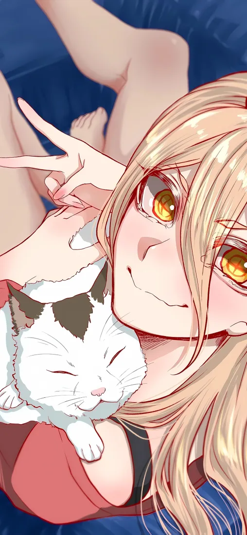 帕瓦手机壁纸｜电锯人背景图 - 抱猫微笑黄瞳金发「哲风壁纸」