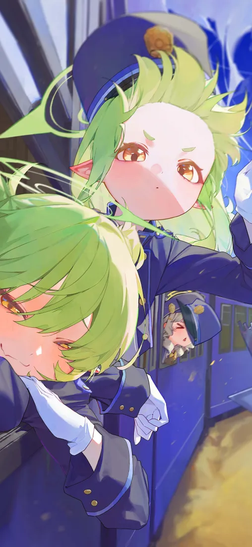 精灵女孩手机壁纸｜蓝色背景图片 - 绿色头发萌系「哲风壁纸」