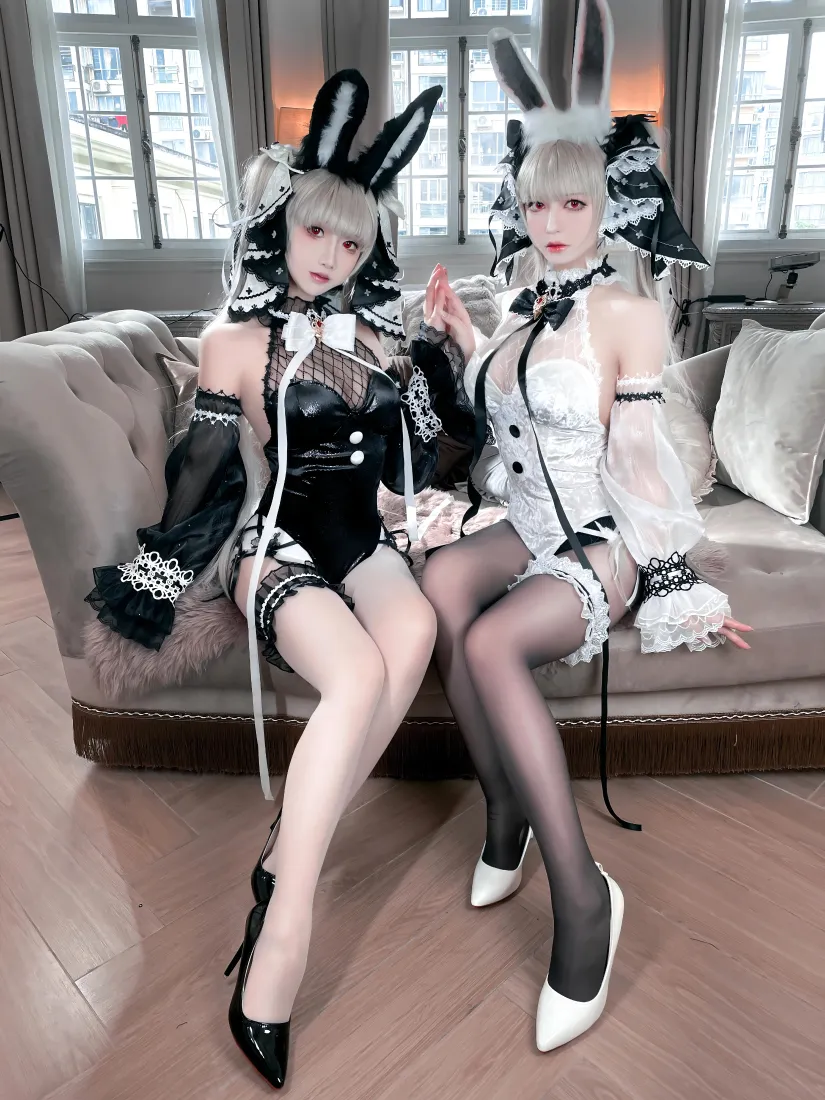 兔女郎cos手机壁纸｜黑白蕾丝背景 - 双人美女cos「哲风壁纸」
