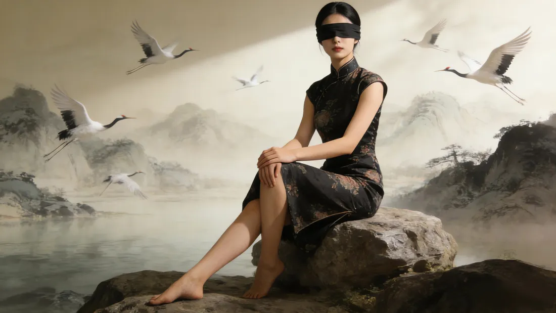 2k黑衣旗袍女子壁纸｜水墨山水背景图片 - 仙鹤古风「哲风壁纸」