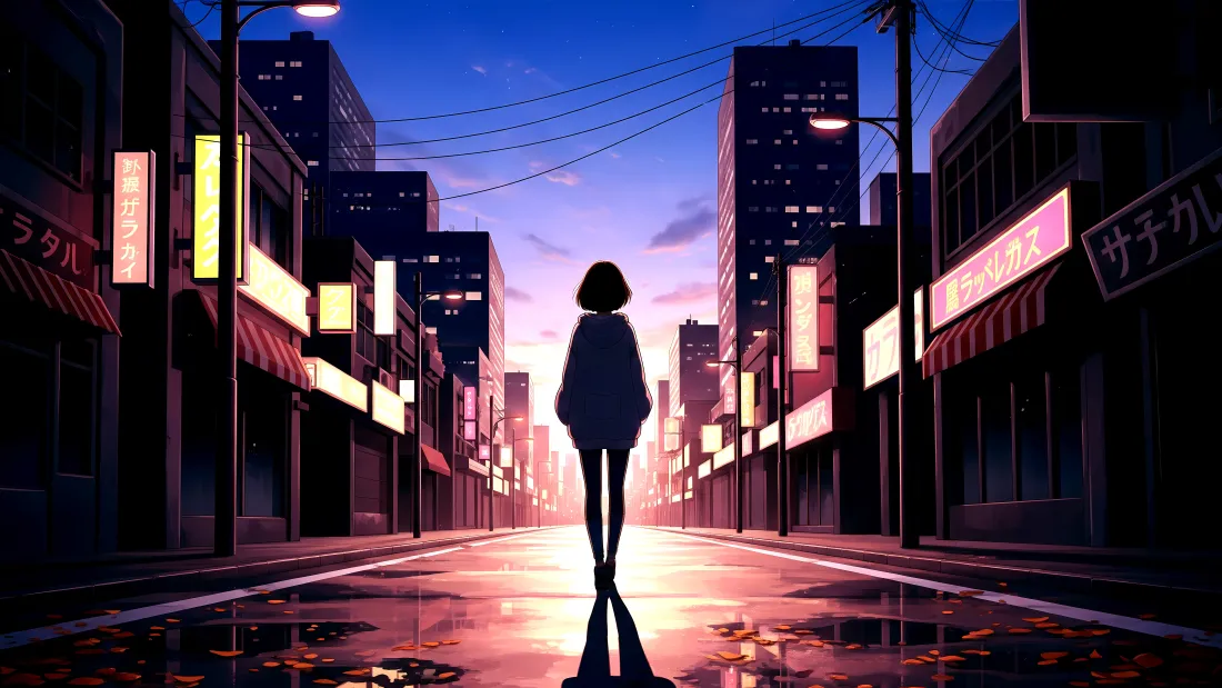8k二次元女孩壁纸｜雨夜都市背景 - 霓虹街道倒影「哲风壁纸」
