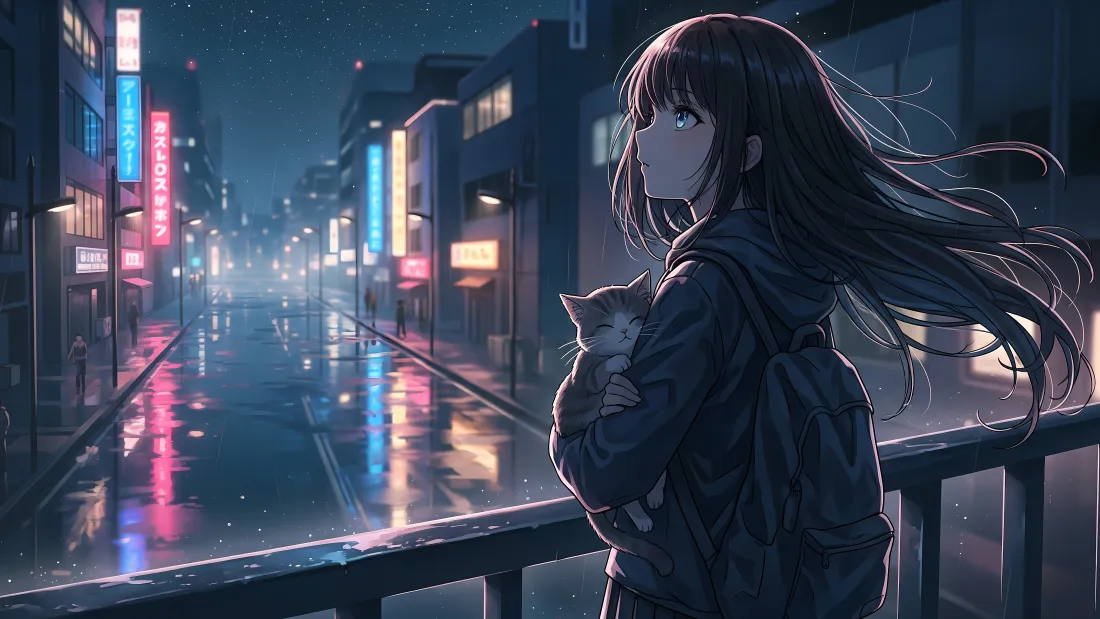 8k二次元女孩壁纸｜雨夜都市背景图片 - 霓虹街道抱猫「哲风壁纸」