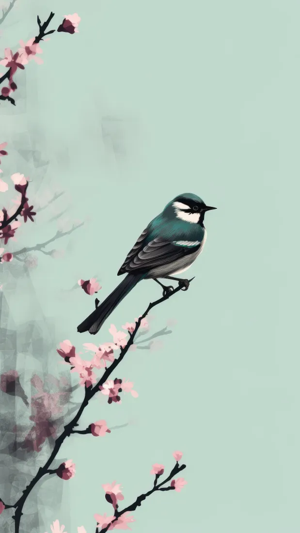花鸟国风手机壁纸｜浅绿背景图片 - 山雀桃花枝头「哲风壁纸」