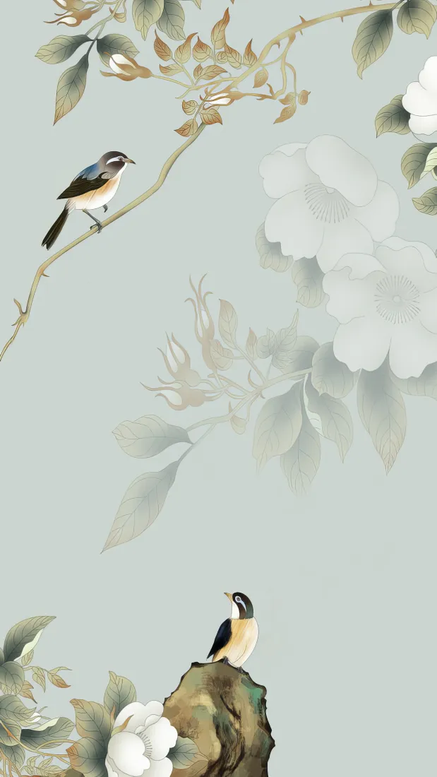 国风花鸟手机壁纸｜浅蓝背景图片 - 工笔花鸟插画「哲风壁纸」