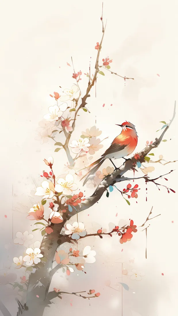 水墨花鸟手机壁纸｜国风背景图片 - 梅花枝头小鸟「哲风壁纸」